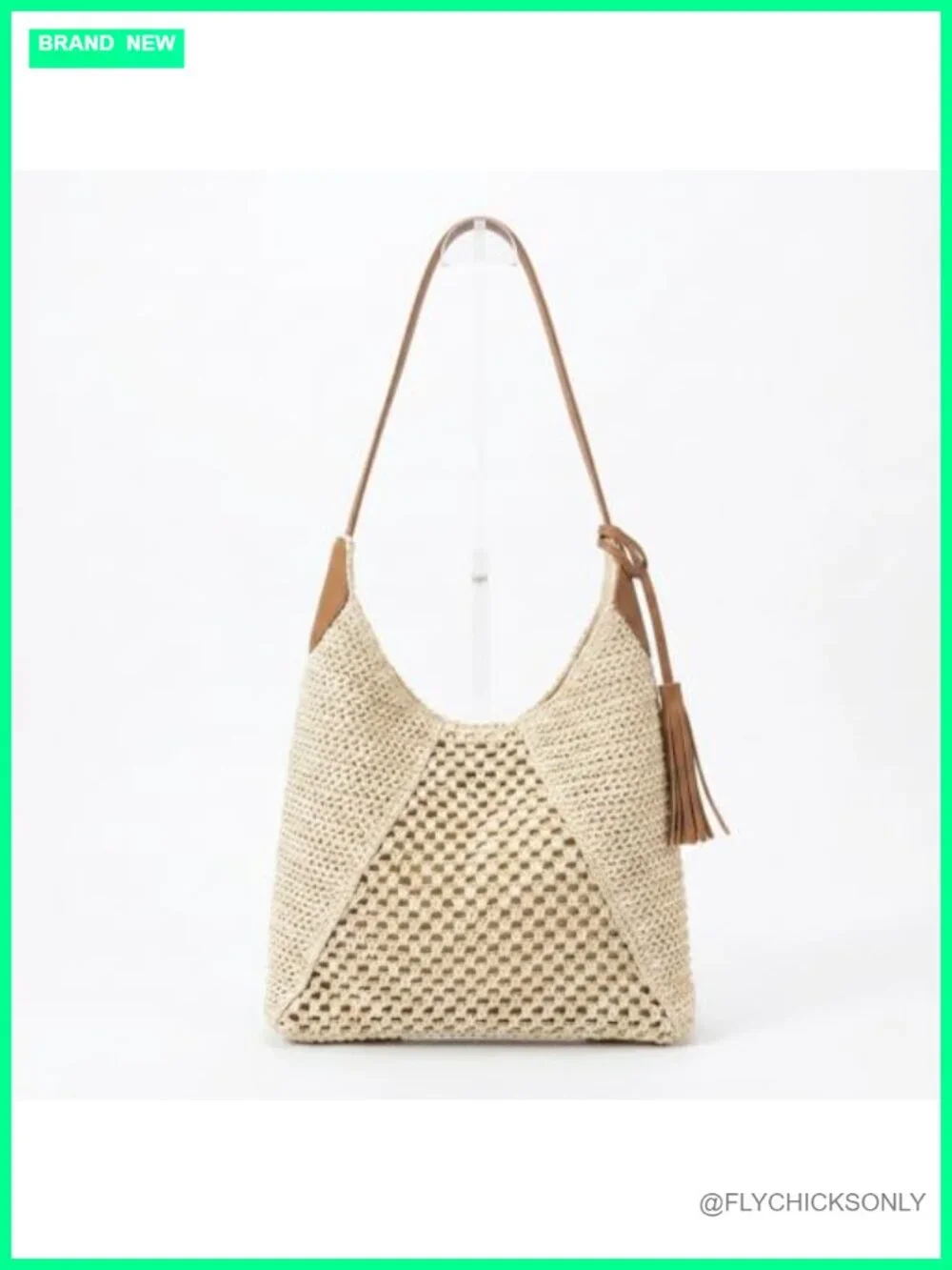 Hollow Crochet Straw Hobo Shoulder Bag with Tassel Decor PU Strap Woven Raffia